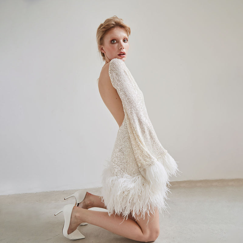 Women's Long-Sleeve Sequin Feather-Trim Mini Cocktail Dress with Open Back