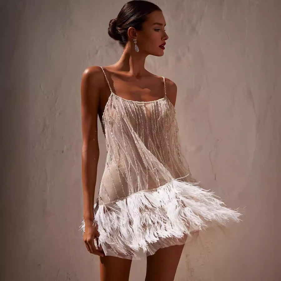 Women's Spaghetti-Strap Sequin Feather-Trim Mini Cocktail Dress with Open Back