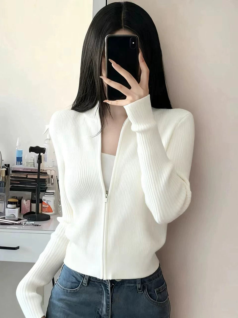 白色毛衣针织开衫外套女2026春秋新款温柔风外穿拉链通勤打底上衣