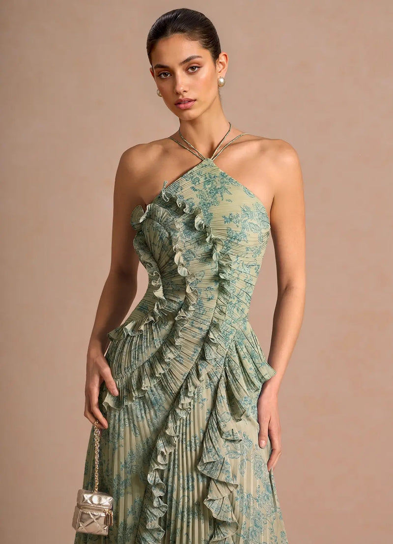 Women's Floral Ruched V-Neck Maxi Evening Dress - Light Green