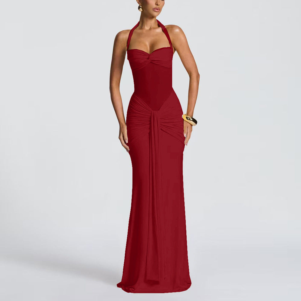 Women's Ruched Halter Maxi Evening Dress