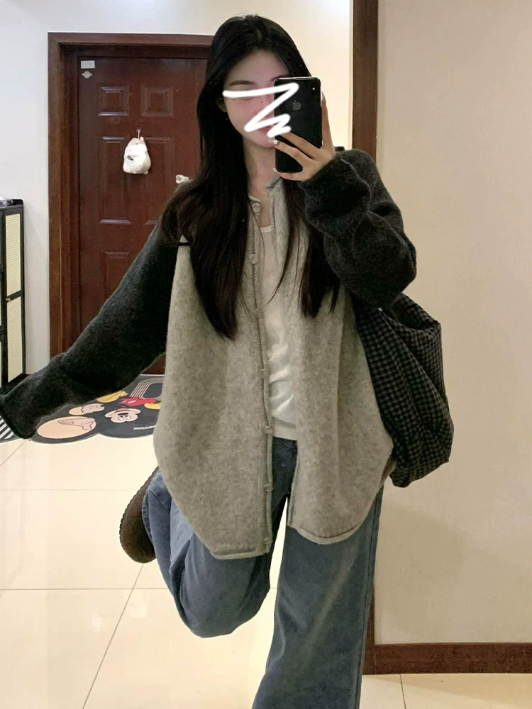 慵懒风灰色长袖开衫毛衣女秋季2026年新款拼接撞色针织衫上衣外套