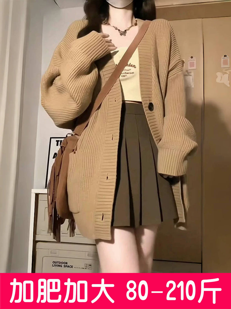 大码慵懒风软糯毛衣外套女针织开衫小个子学院风穿搭上衣胖mm秋冬