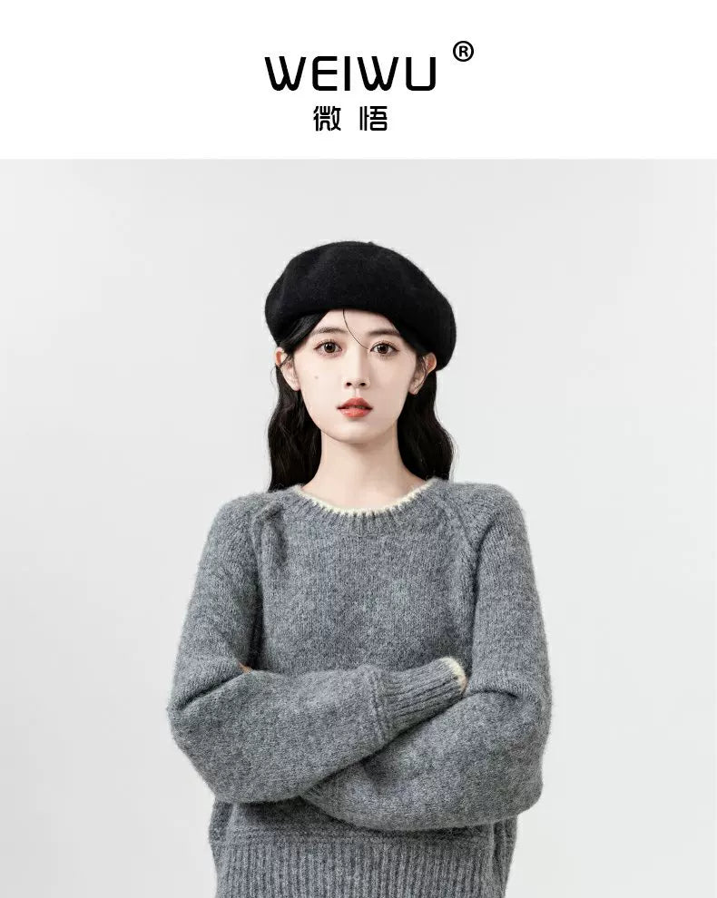 灰色圆领毛衣女秋冬2026新款韩版宽松插肩针织衫内搭打底短款上衣