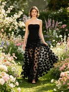 Women's Strapless Mesh 3D Floral Maxi Evening Dress - Black