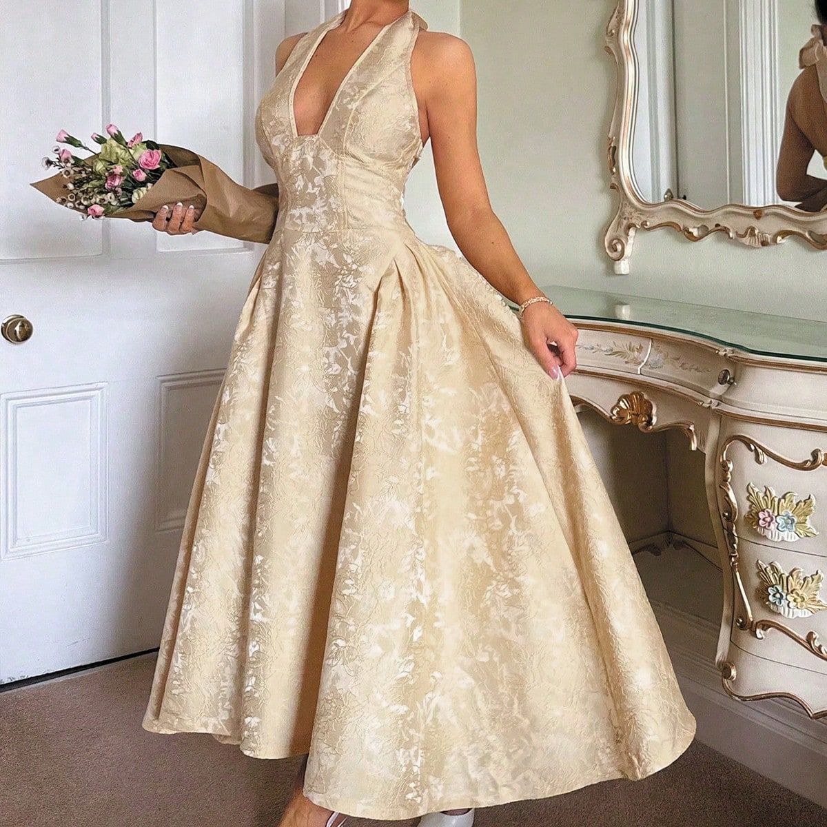 Women's Halter Jacquard Evening Dress with Open Back