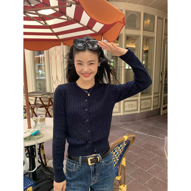 pusumede 头号甜心 复古圆领麻花毛衣开衫外套女气质针织衫上衣