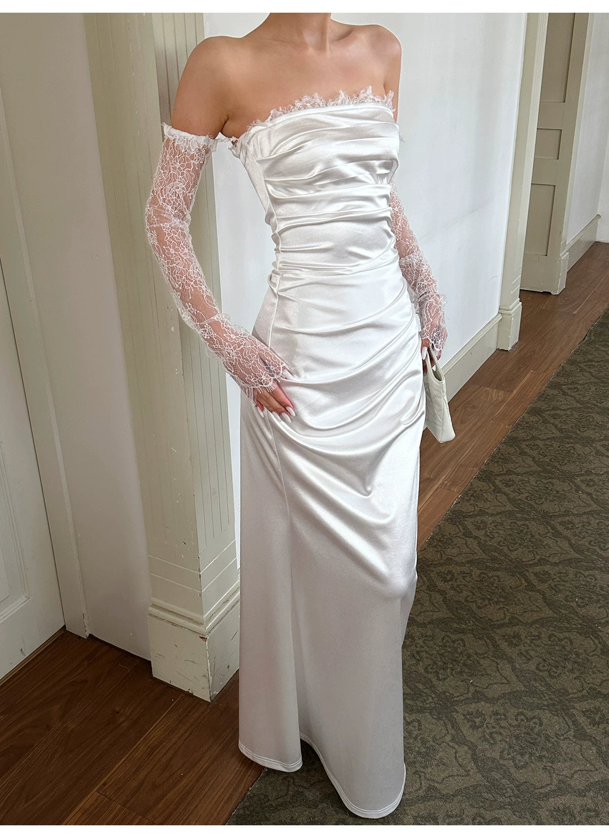 White Ruched Satin Evening Gown with Lace Sleeves — White — view 4