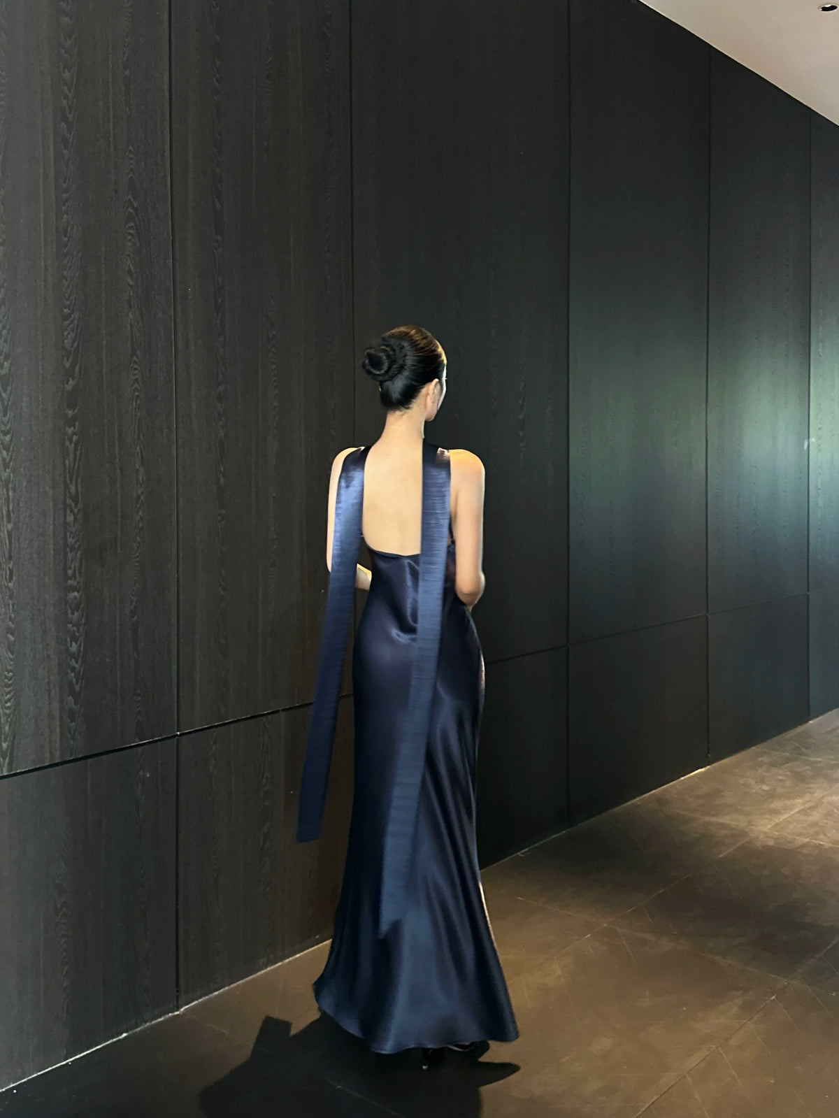 Keyhole Scarf Halter Satin Maxi Dress - detail or back view