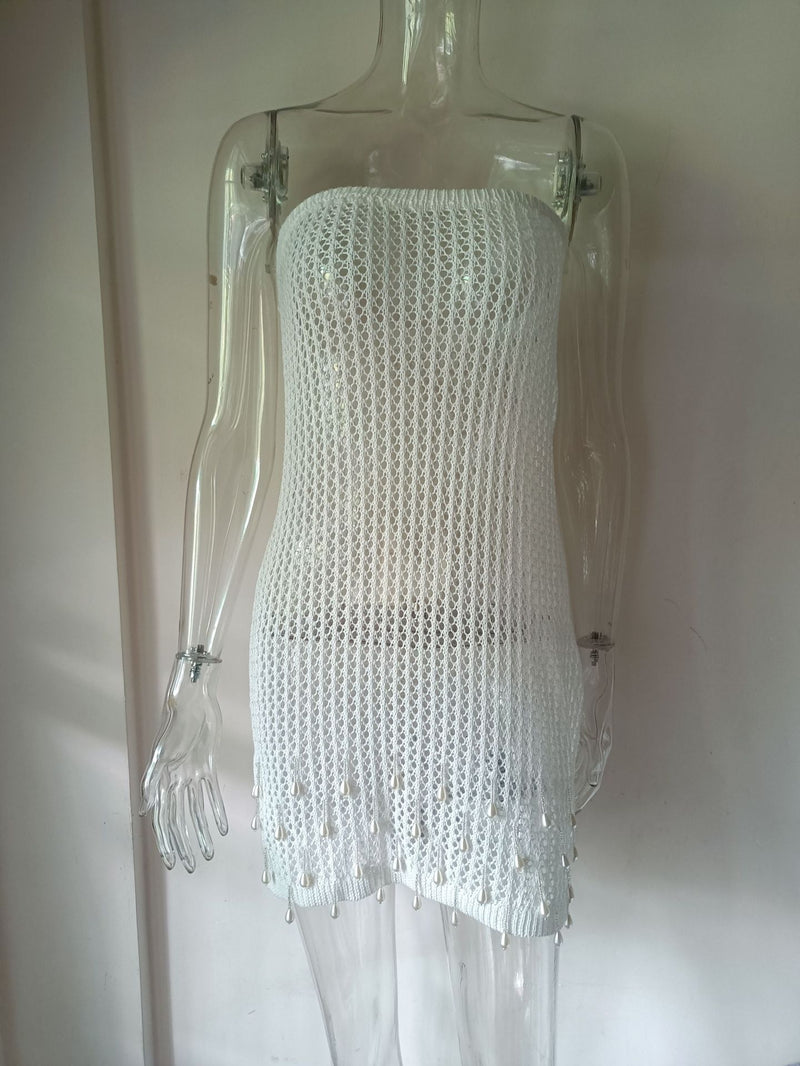 Women's Strapless Knit Fringe Evening Dress with Open Back