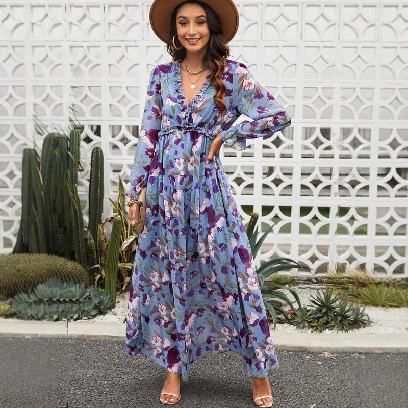 Women's Long-Sleeve Floral Maxi Evening Dress