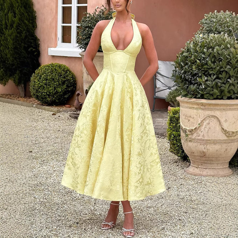 Women's Halter Jacquard Evening Dress with Open Back