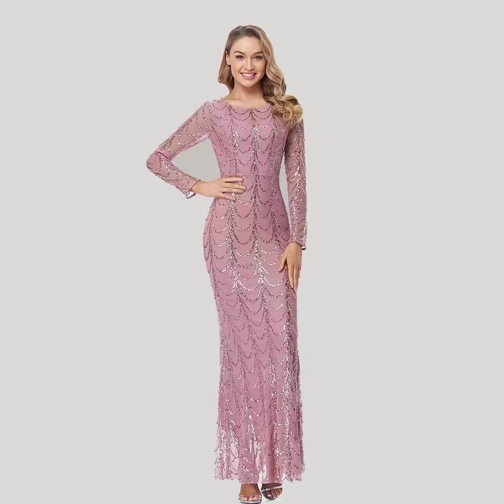 Women's Round-Neck Long-Sleeve Sequin Mermaid Evening Dress - Pink