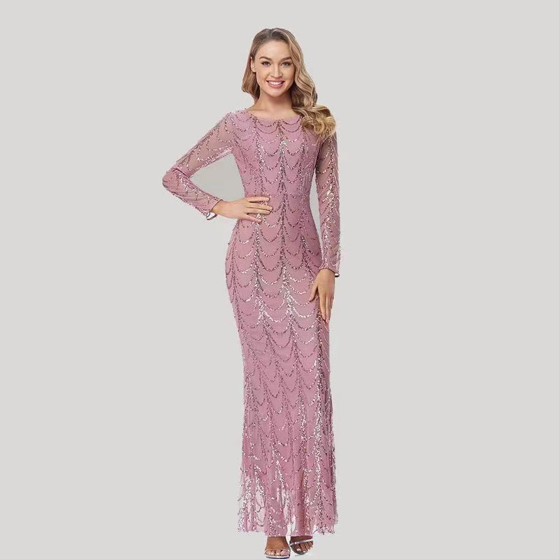 Women's Round-Neck Long-Sleeve Sequin Mermaid Evening Dress - Pink