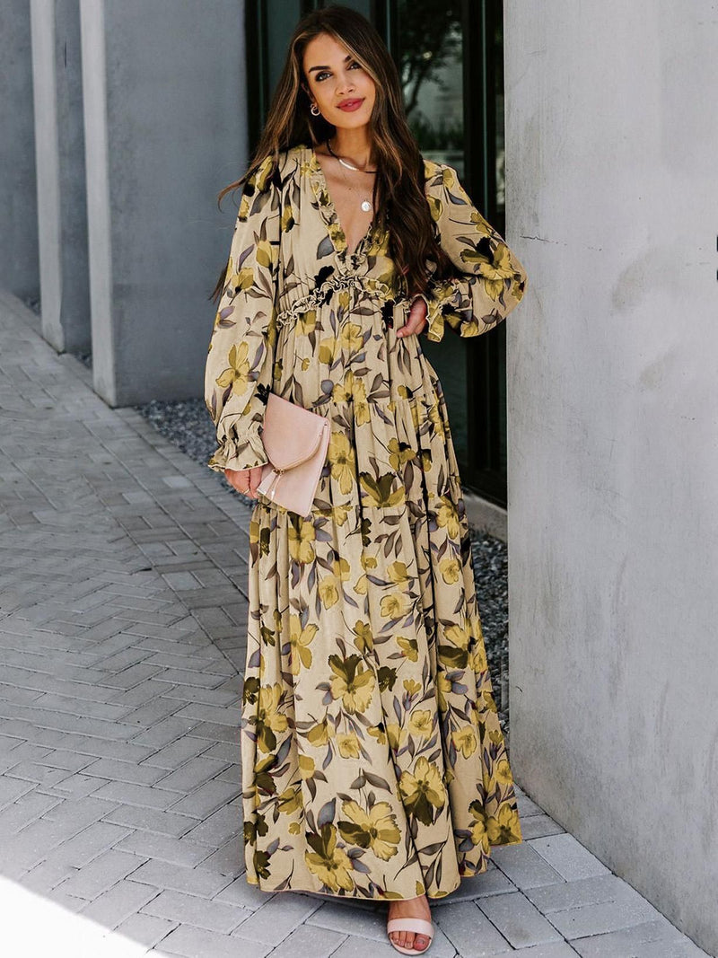 Women's Long-Sleeve Floral Maxi Evening Dress - Yellow