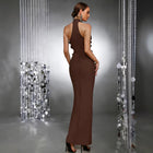 Floral Appliqué Backless Evening Gown