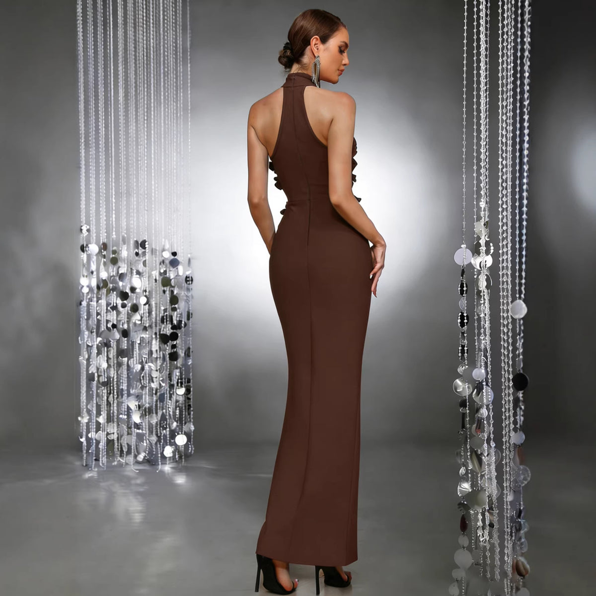 Floral Appliqué Backless Evening Gown