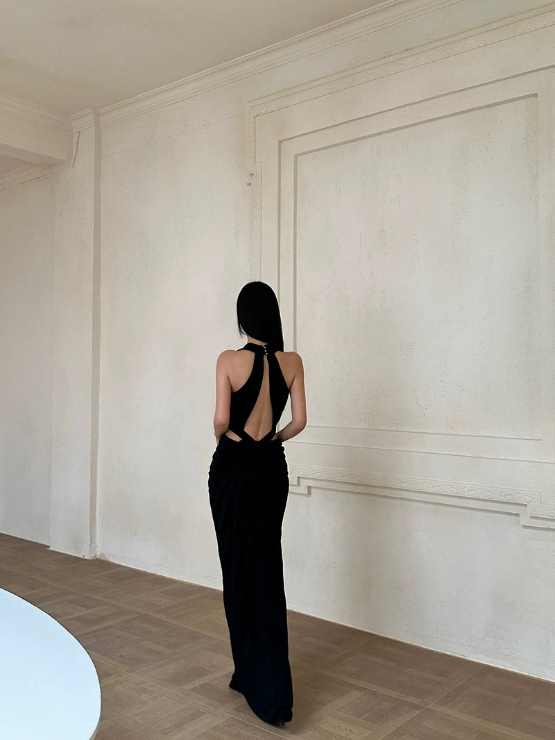 Black Plunge Halter Cutout Slit Maxi Dress - detail or back view