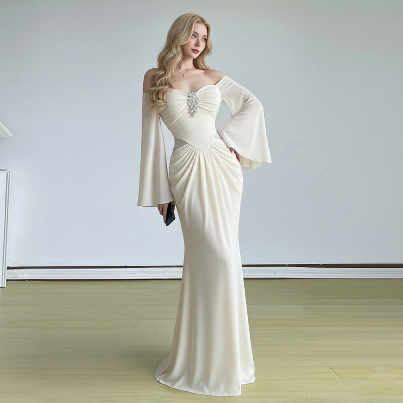 Women's Strapless Bell-Sleeve Bodycon Maxi Evening Dress