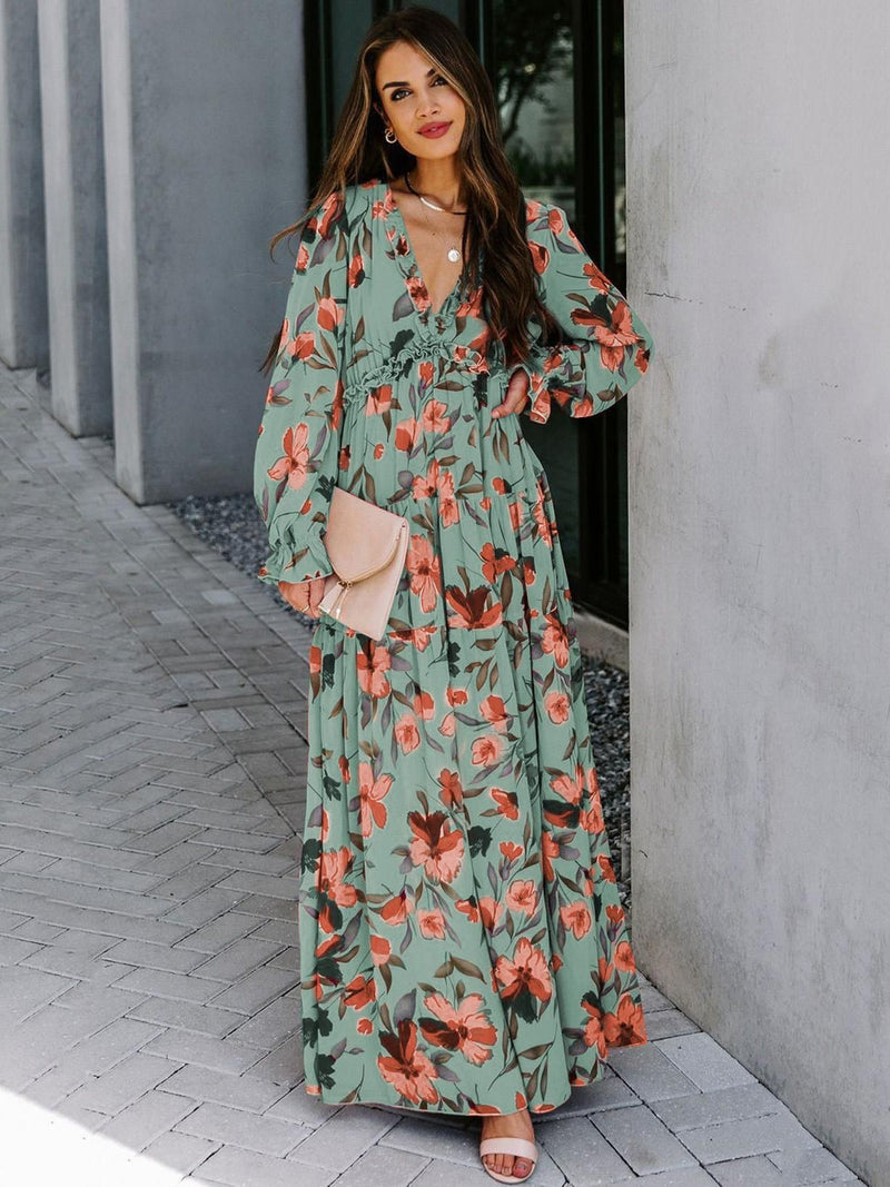 Women's Long-Sleeve Floral Maxi Evening Dress - Green