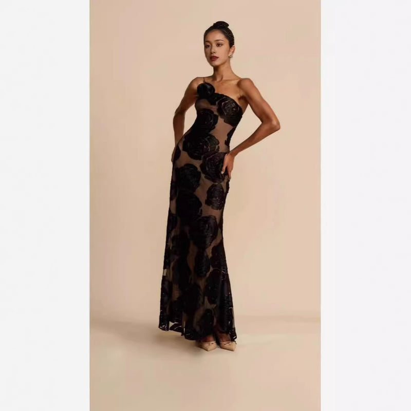 Women's Floral One-Shoulder Maxi Evening Dress