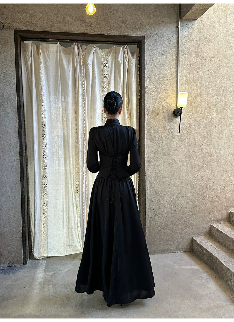 Black High Neck Keyhole Long Sleeve Maxi Dress - detail or back view