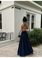 Navy Ring Front Ruched Drop Waist Maxi Dress - detail or back view