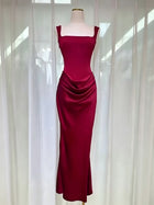 Women's Satin Cowl-Neck Ruched Maxi Evening Dress - Red