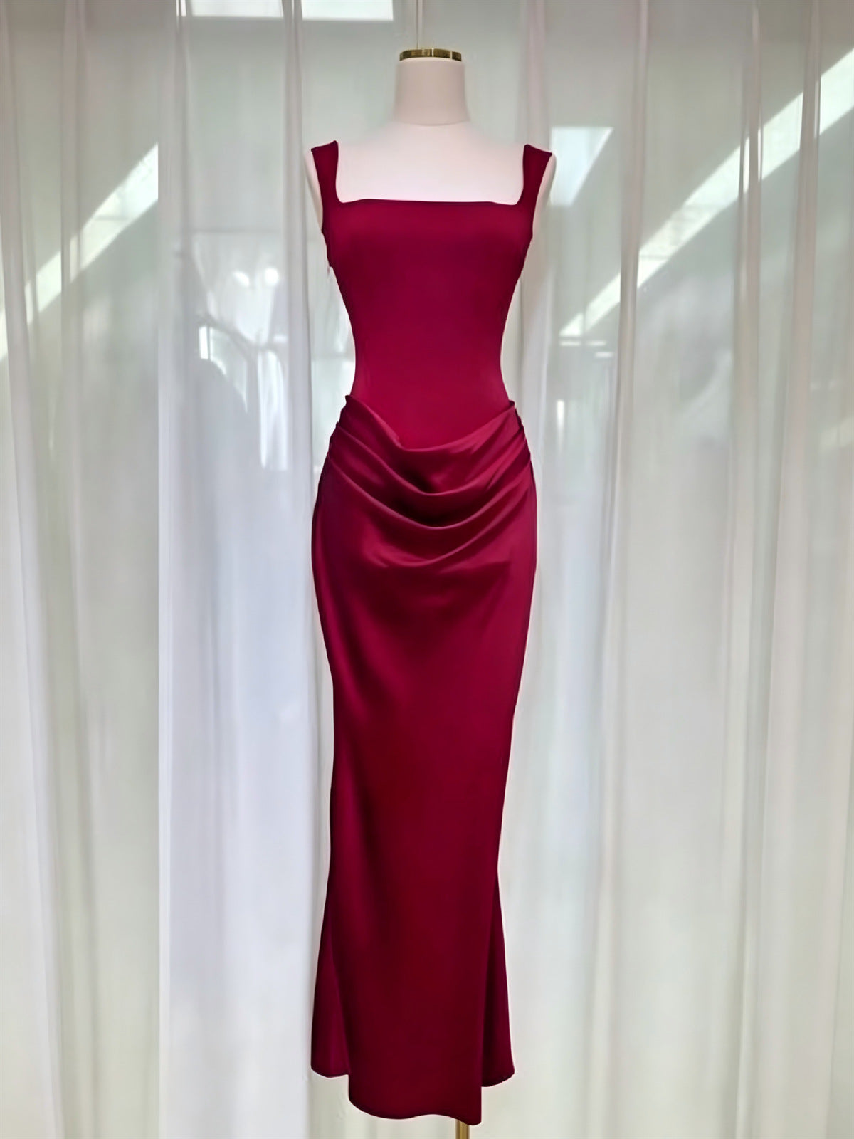 Women's Satin Cowl-Neck Ruched Maxi Evening Dress - Red
