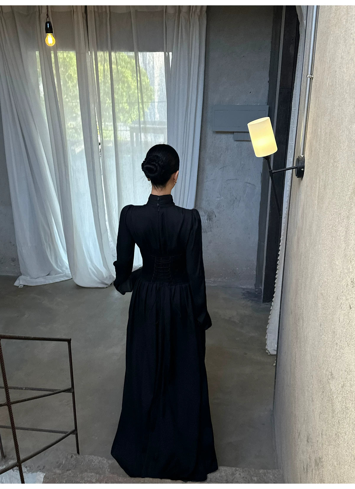 Black High Neck Keyhole Long Sleeve Maxi Dress - detail or back view