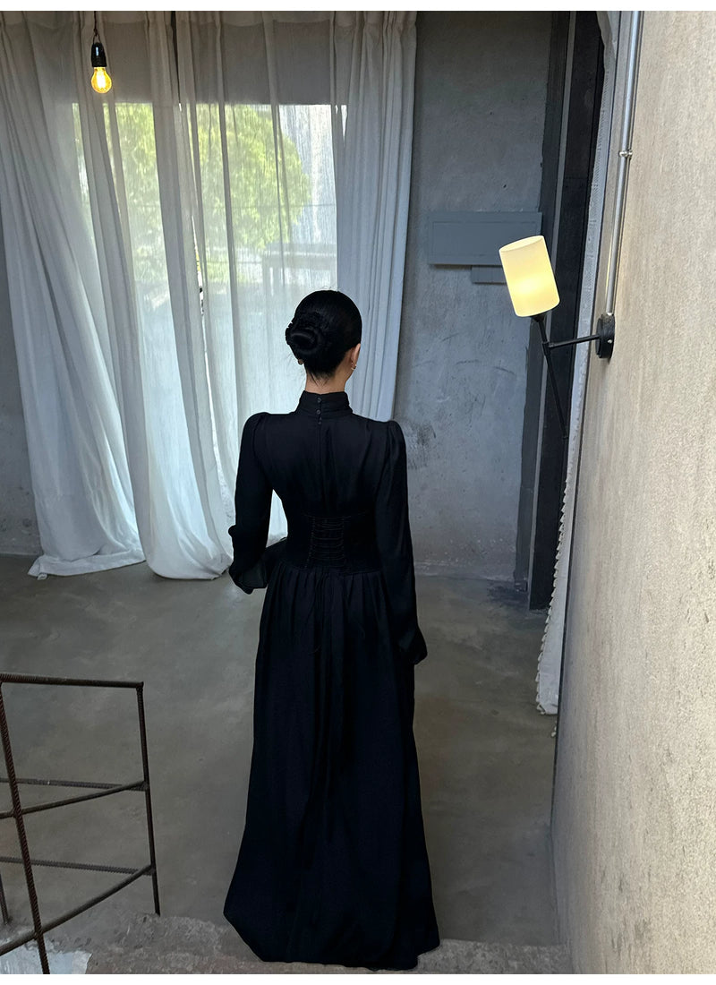 Black High Neck Keyhole Long Sleeve Maxi Dress - detail or back view