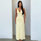 Women's Halter Lace Maxi Evening Dress with Open Back - Yellow