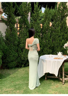Asymmetric Twist-Front Lace-Panel Maxi Dress — Sage Green — view 3