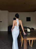 White Keyhole Halter Ruched Satin Maxi Dress - detail or back view