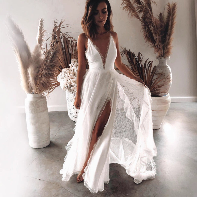 Deep V-Neck Lace Wedding Dress with High Slit - product photo 2