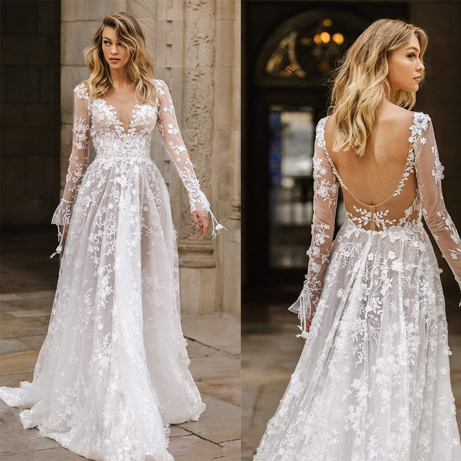 Long-Sleeve Lace A-Line Wedding Dress with Open Back