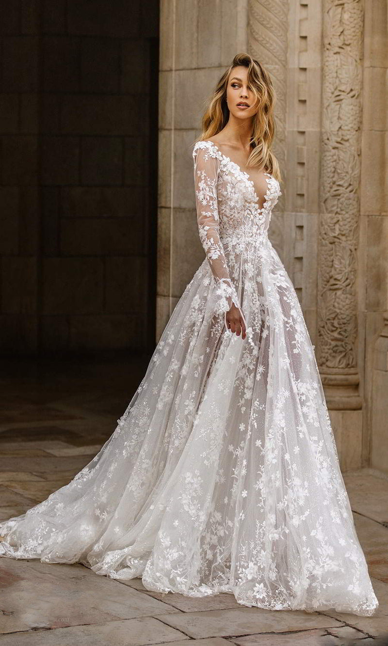 Long-Sleeve Lace A-Line Wedding Dress with Open Back - product photo 3