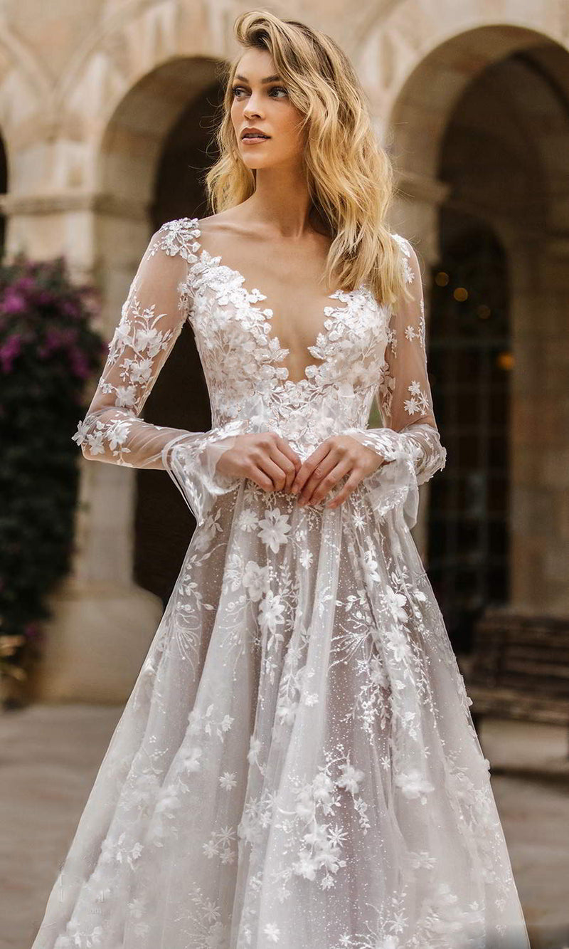 Long-Sleeve Lace A-Line Wedding Dress with Open Back - product photo 4