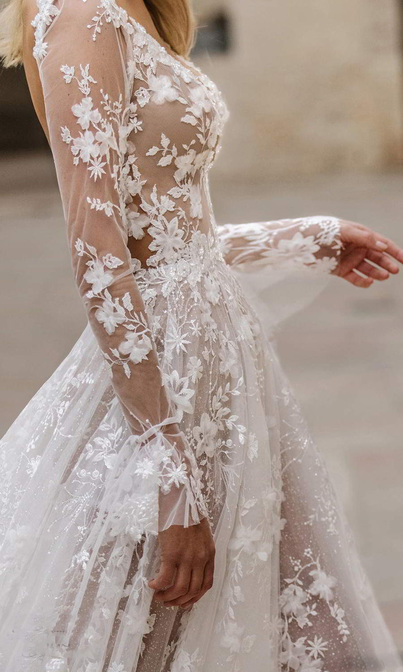 Long-Sleeve Lace A-Line Wedding Dress with Open Back - product photo 7
