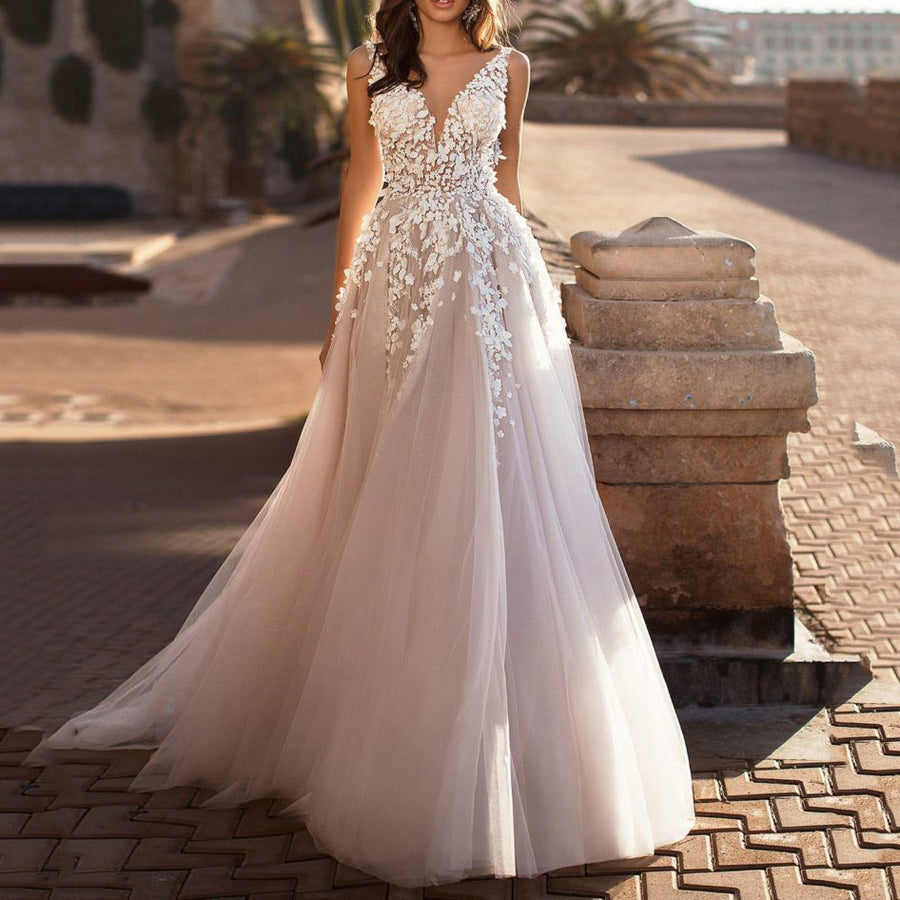 V-Neck Floral Lace A-Line Wedding Dress