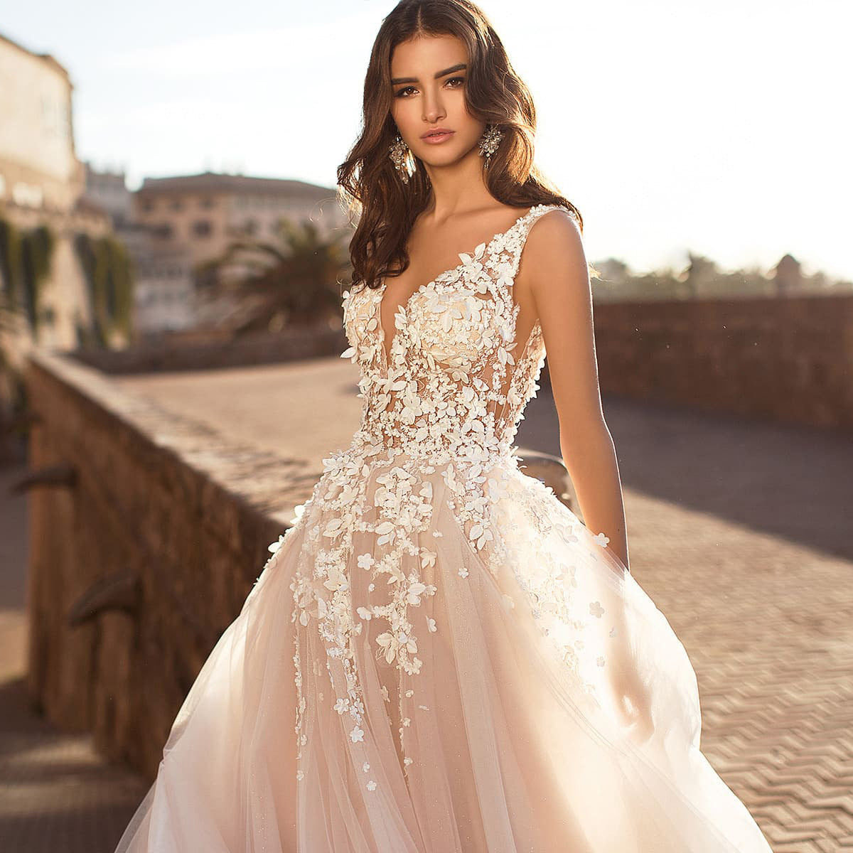 V-Neck Floral Lace A-Line Wedding Dress - product photo 2