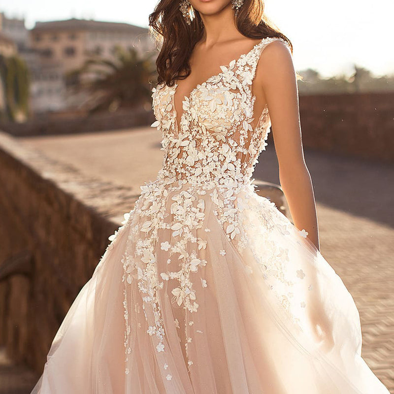 V-Neck Floral Lace A-Line Wedding Dress - product photo 3