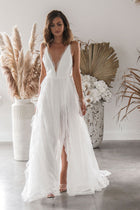 Sleeveless V-Neck Lace Wedding Dress with High Slit - product photo