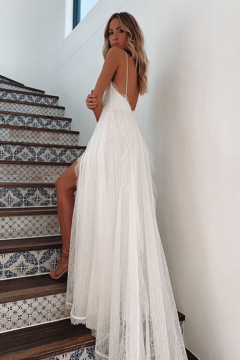 Sleeveless V-Neck Lace Wedding Dress with High Slit - product photo 3