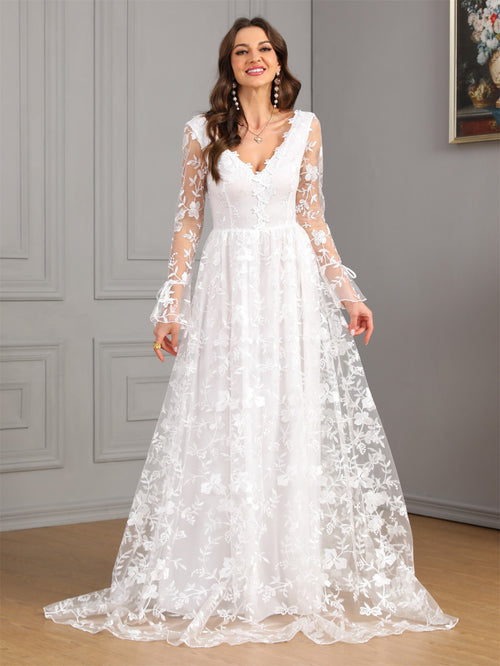 Long-Sleeve V-Neck Lace Ball Gown Wedding Dress - product photo