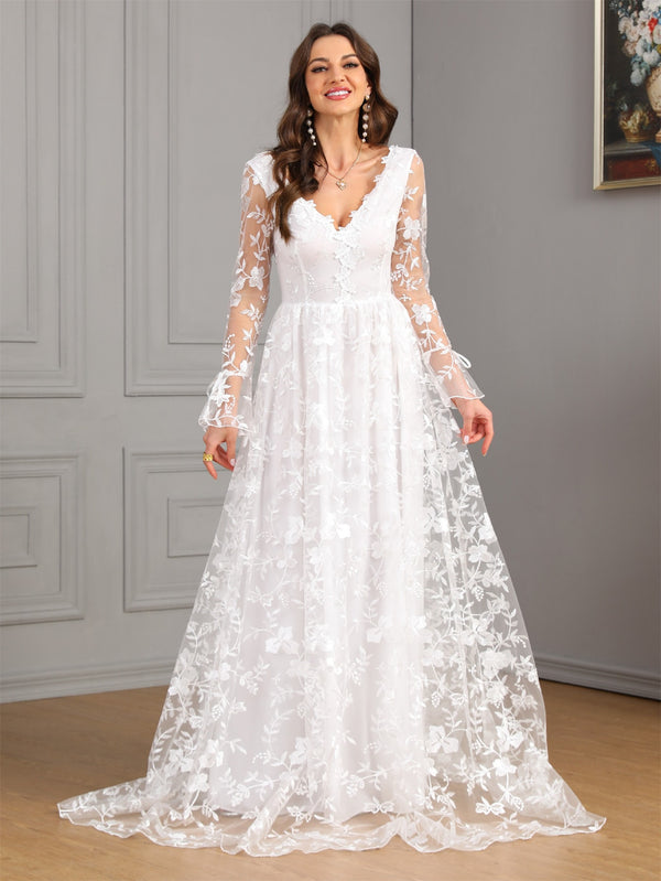Long-Sleeve V-Neck Lace Ball Gown Wedding Dress - product photo