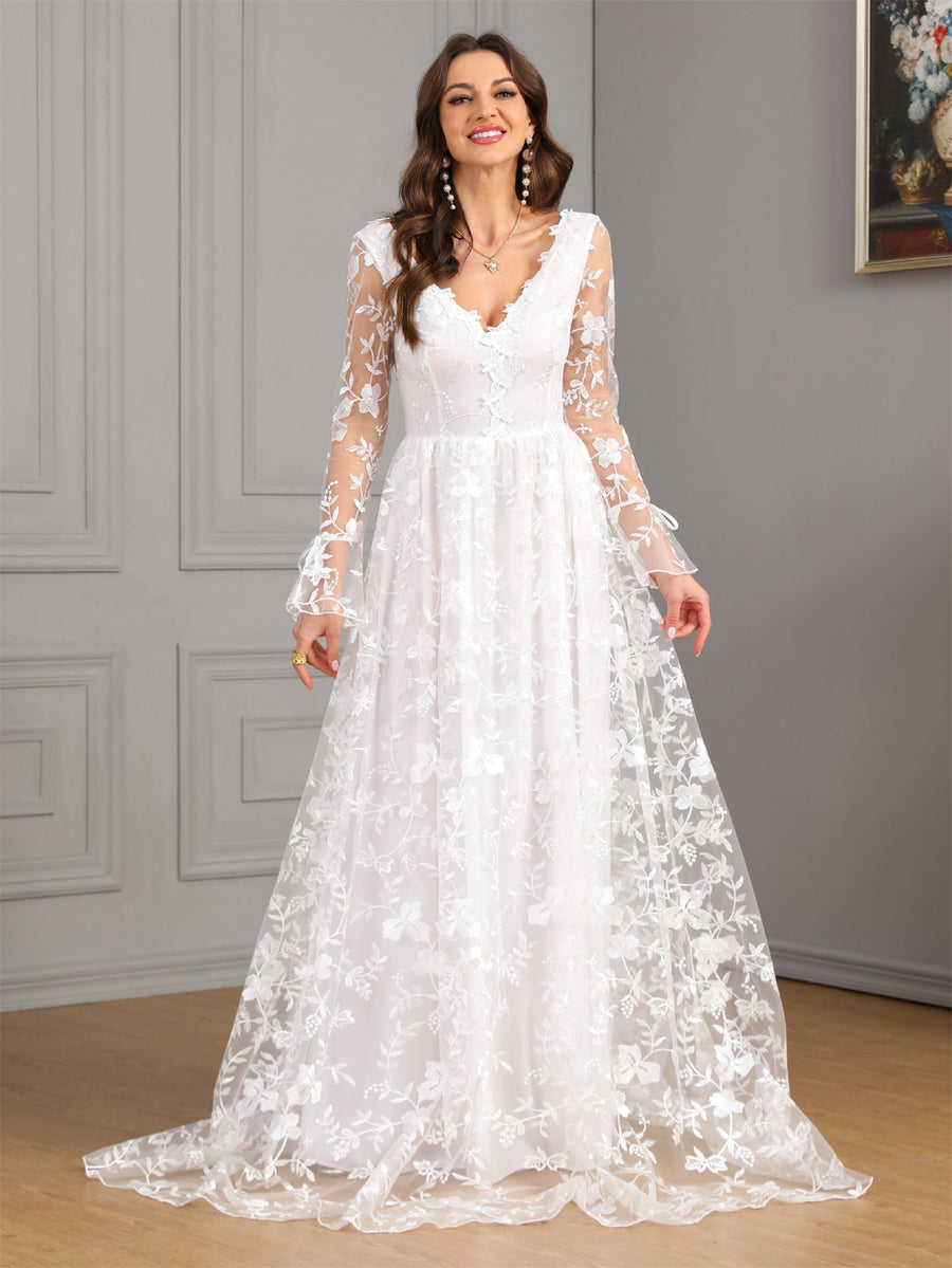 Long-Sleeve V-Neck Lace Ball Gown Wedding Dress