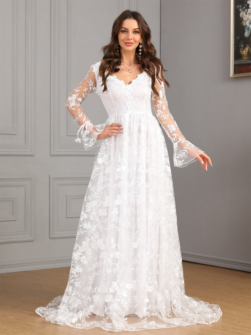 Long-Sleeve V-Neck Lace Ball Gown Wedding Dress - product photo 2