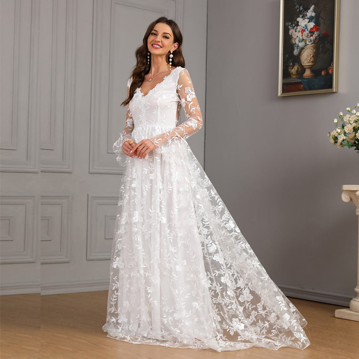 Long-Sleeve V-Neck Lace Ball Gown Wedding Dress - product photo 4