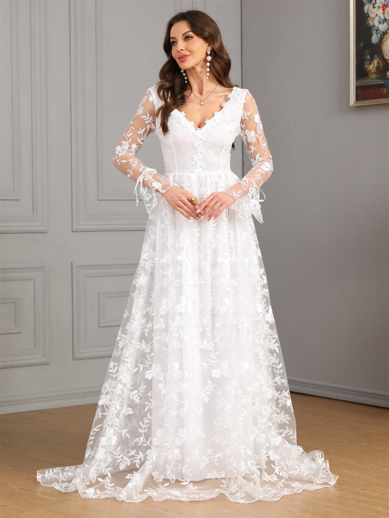 Long-Sleeve V-Neck Lace Ball Gown Wedding Dress - product photo 5